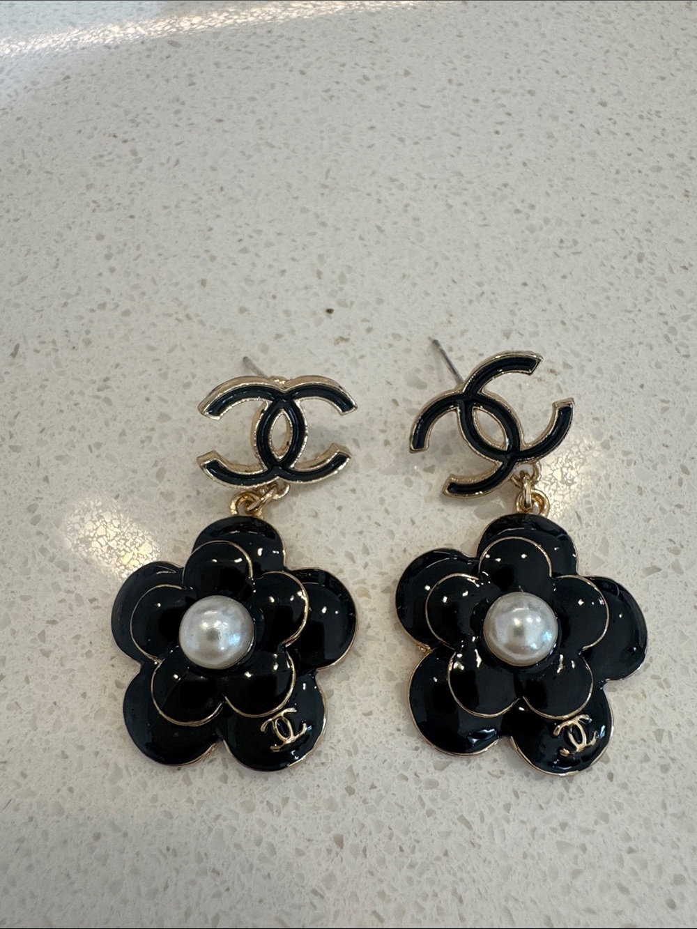 Black Camellia Drop Earrings with Pearl Accent